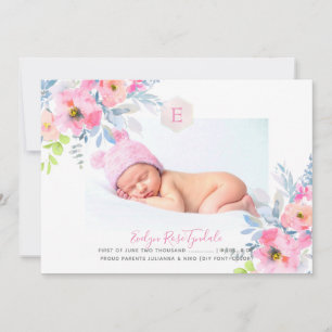 PixDezines Monogram+Tuinrozen Geboorte Baby Meisje Aankondiging