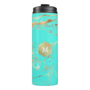PixDezines MONOGRAM TURQUOISE GOUDEN ADERS Thermosbeker