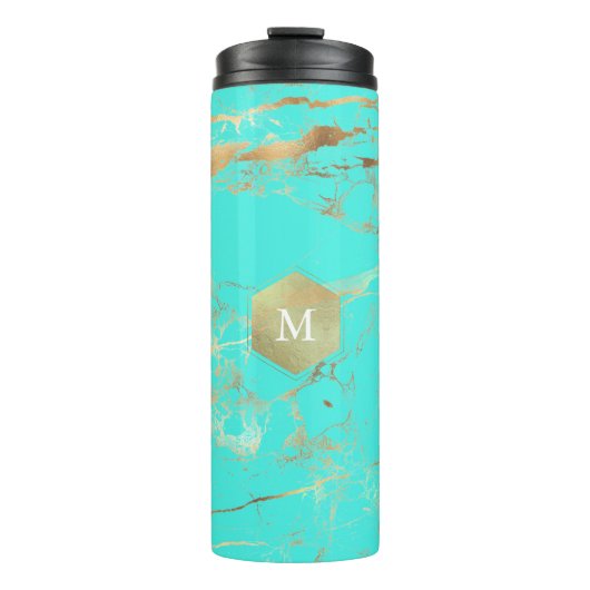 PixDezines MONOGRAM TURQUOISE GOUDEN ADERS Thermosbeker (Voorkant)