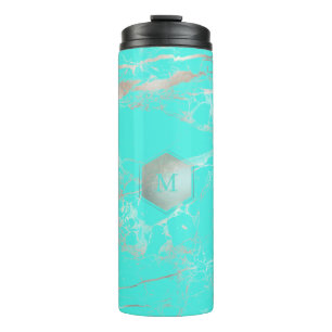 PixDezines MONOGRAM TURQUOISE ZILVEREN ADERS Thermosbeker