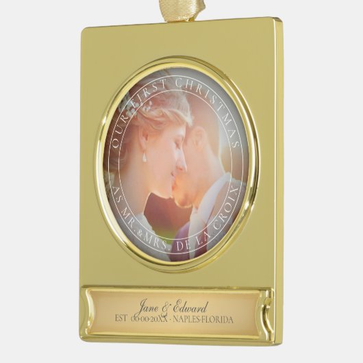 PixDezines Mr & Mrs First Kerstbruiloft Foto Verguld Banner Ornament (Links)