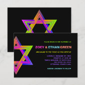 PixDezines Neon Ster van David B'nai Mitswa Uitnod Kaart (Voorkant / Achterkant)