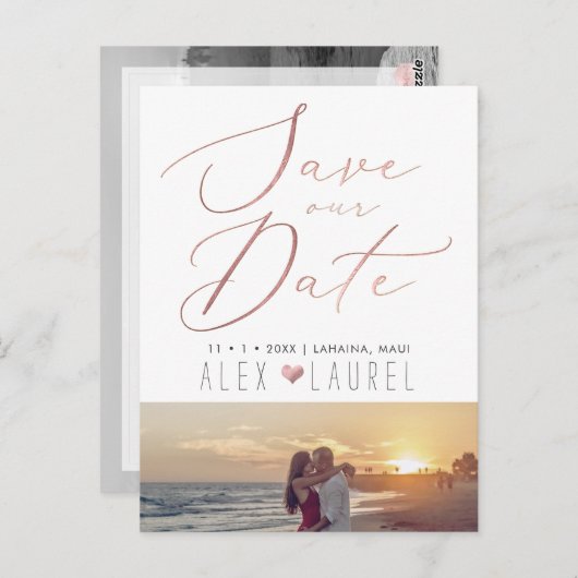 PixDezines Opslaan Datum, Faux Roos Gouden Kalligr Briefkaart (Voorkant / Achterkant)