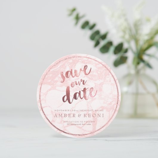 PixDezines Opslaan Datum/Roos Goud/Roze Marmer Save The Date (Staand voorkant)