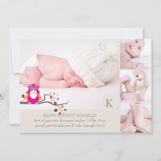 PixDezines owl faire-part de naissance modèle phot (Devant)