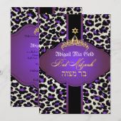 PixDezines Paars Leopard+tiara/bat mitzvah Kaart (Voorkant / Achterkant)