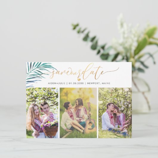 PixDezines Palm Fronds Faux Gold Modern Script Save The Date (Staand voorkant)