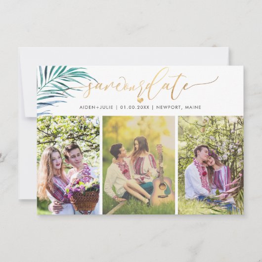 PixDezines Palm Fronds Faux Gold Modern Script Save The Date (Voorkant)