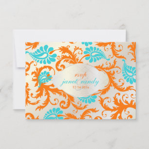 PixDezines pavo damast/koraal+blauw RSVP Kaartje