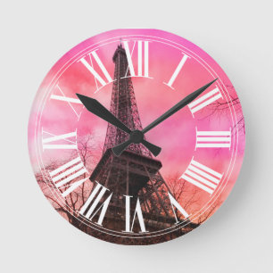 PixDezines pink paris/eiffel tower Ronde Klok