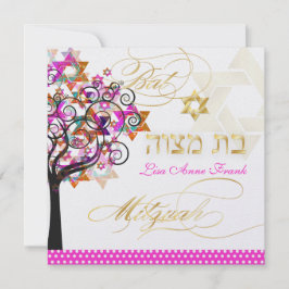 PixDezines PINK TREE OF LIFE BAT MITZVAH INVITES Kaart