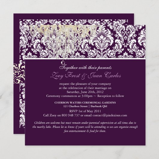PixDezines Plum Moiré Damask/Crystal Chandelier Kaart (Voorkant / Achterkant)