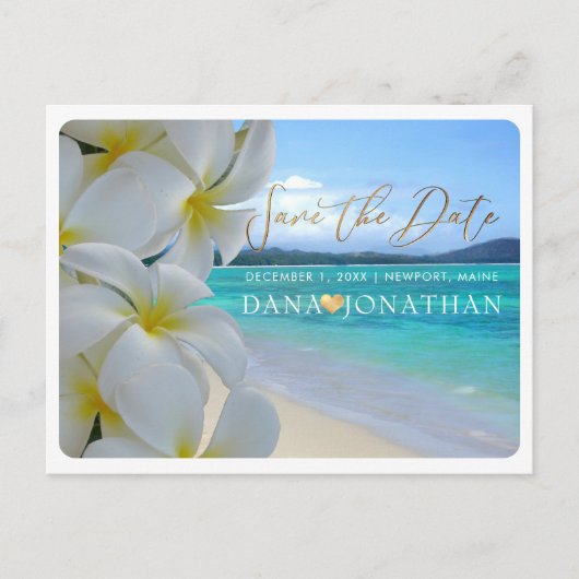 PixDezines Plumeria+Beach Bewaar de datum Briefkaart (Voorkant)