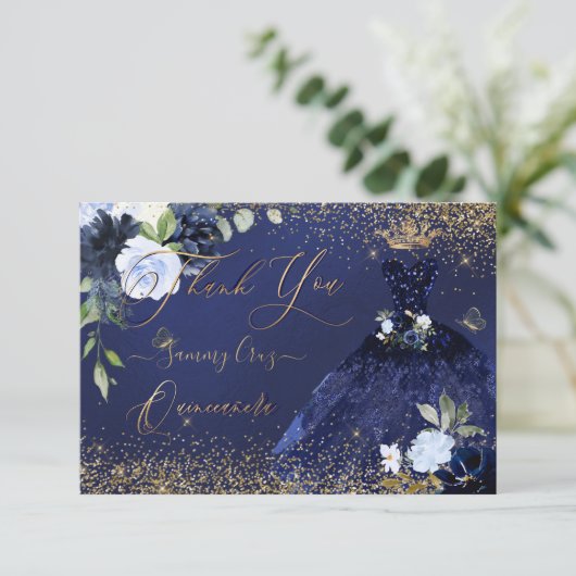 PixDezines Quinceanera Bedankt Navy Blauw Goud Kaart (Staand voorkant)