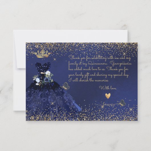 PixDezines Quinceanera Bedankt Navy Blauw Goud Kaart (Achterkant)