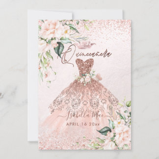 PixDezines Quinceanera Blush Roos-Roos Gold Gown Kaart