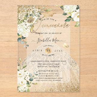 PixDezines Quinceanera Champagne Gouden Glitterjur Acryl Uitnodigingen