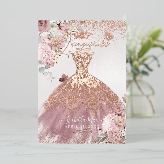 PixDezines Quinceanera Dusty Roos Gold Gown Folie Uitnodiging (Staand Voorkant)