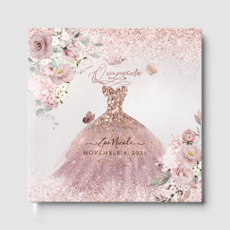 PixDezines Quinceanera Dusty Roos Gold Gown Gastenboek