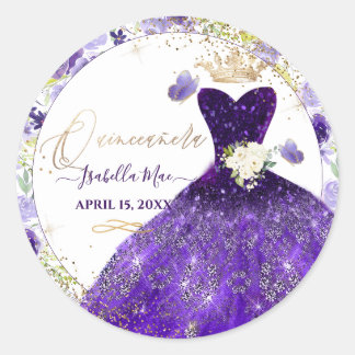 PixDezines Quinceanera Paarse Paars Glitter Jurk Ronde Sticker