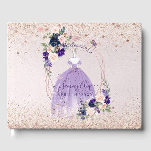 PixDezines Quinceanera Paarse Roos Gouden H2 Bloem Gastenboek
