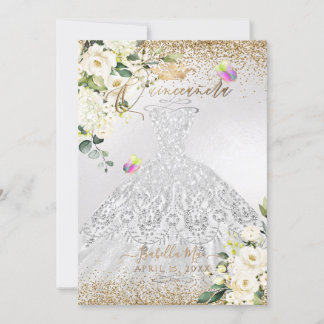 PixDezines Quinceanera Silver Dress Gold Glitter Kaart