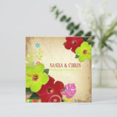 PixDezines red+green hibiscus+monstera Kaart (Staand voorkant)