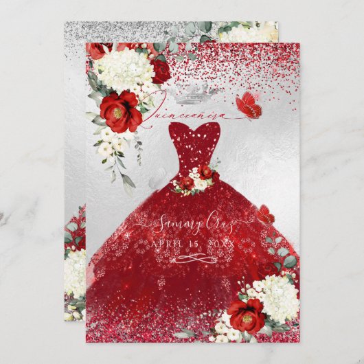PixDezines Rode Rozen Quinceanera Jurk Kaart (Voorkant / Achterkant)