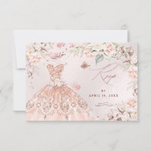PixDezines Roos Gold Glitter Gown Sweet 16 RSVP Kaart