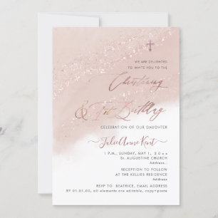 PixDezines Roze Goud Doop+1e Verjaardag Kaart