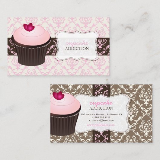 PixDezines roze hark cupcake+chantal damask Visitekaartje (Voorkant / Achterkant)