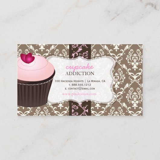 PixDezines roze hark cupcake+chantal damask Visitekaartje (Achterkant)