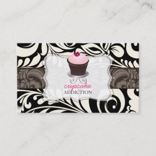 PixDezines roze hart cupcake + damask Visitekaartje