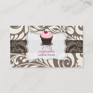 PixDezines roze hart cupcake+damast Visitekaartje