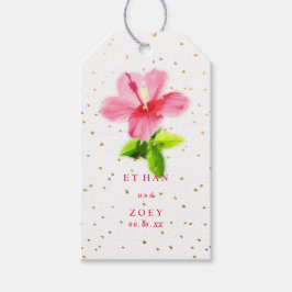 PixDezines Roze Hawaïaanse Hibiscus/Gouden Specks Cadeaulabel