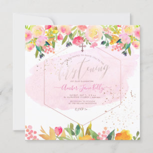PixDezines Roze Waterverf Bloemen Doopfeest Kaart