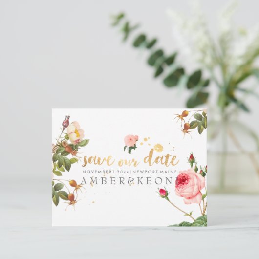 PixDezines rozen/floral/save the date Aankondigingskaart (Staand voorkant)