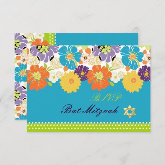 PixDezines rsvp/Alegre retro floral, Bat Mitswa RSVP Kaartje (Voorkant / Achterkant)