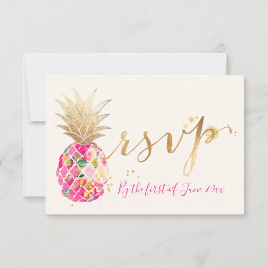 PixDezines RSVP Aloha Pink Pineapple/Gold Script Kaartje (Voorkant)