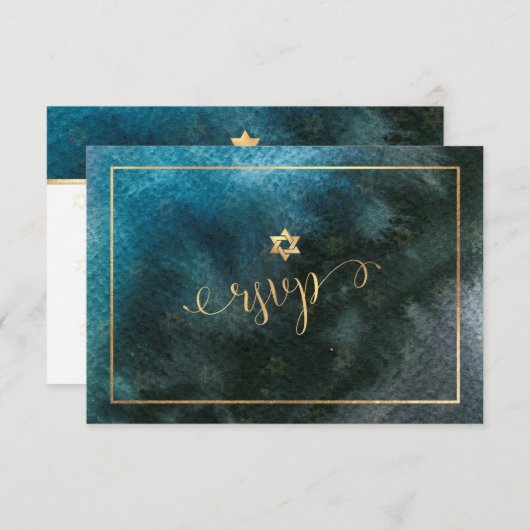 PixDezines RSVP Bar Mitzvah, Blauwgroen Waterverf (Voorkant / Achterkant)