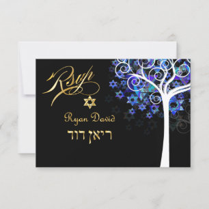PixDezines RSVP-boom van het leven Mitzvah/Paars+A RSVP Kaartje