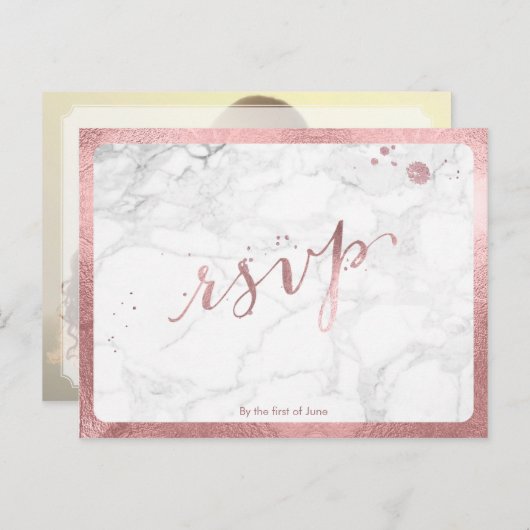 PixDezines RSVP/FAUX ROOS GOUD/MARMER Uitnodiging Briefkaart (Voorkant / Achterkant)