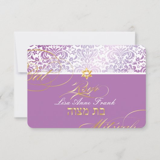 PixDezines rsvp Fidora Damask, Bat Mitzvah Kaartje (Voorkant)