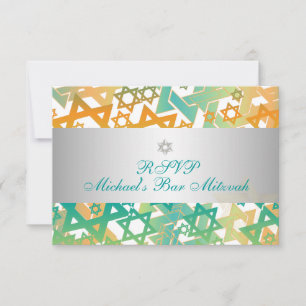 PixDezines RSVP mod sterren/bar mitswa/oranje+teal Kaartje