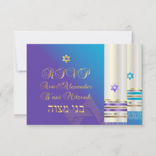 PixDezines RSVP Paars/Aqua Tallits/B'nai Mitzvah Kaartje