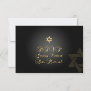 PixDezines rsvp Star, Bar Mitzvah/black+gold Kaart