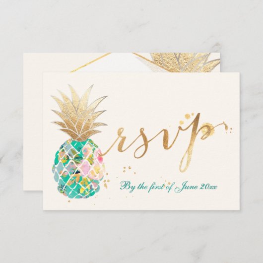 PixDezines RSVP Turquoise Ananas/Script Or (Devant / Derrière)