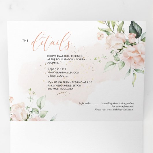 PixDezines Rustic Blush Rozen+SweetPeas Drieluik Uitnodiging (Binnenzijde eerst)