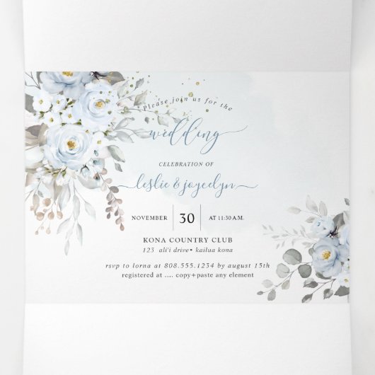 PixDezines Rustic Dusty Blue Rozen Eucalyptus Drieluik Uitnodiging (Binnenkant midden)