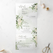 PixDezines Rustic Eucalyptus Alabaster Rozen Tri-F Drieluik Uitnodiging (Binnen)